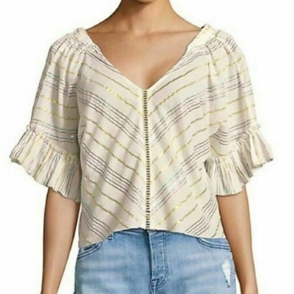 ❤️ 3 for $35 Revolve Saylor metallic stripe ruffle crop short sleeve blouse xs